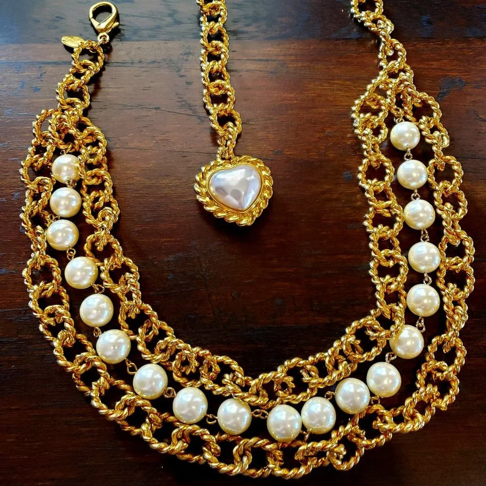 Vintage CAROLEE Runway Pearl Gold Rope Chain Statement Backless Dress Necklace